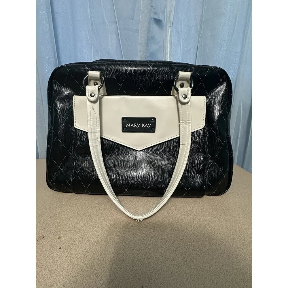 Mary Kay Black White Quilted Satchel Top Handle Zip Organizer Insert Pockets
